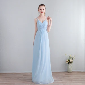 Chic Belle Longue Soirée Robe De Soirée 2018 Chiffon Princesse V Cou Bleu Ciel Lacer Appliques Dos Nu Robe De Ceremonie