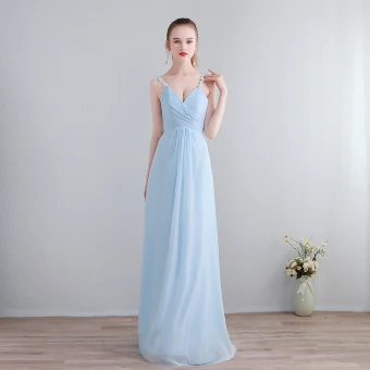 Mooie Prachtige Lange Avond Avondjurken 2018 Chiffon A Lijn V Hals Hemelsblauw Lace Up Appliques Ruglooze Gelegenheid Jurken