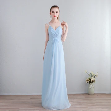 Chic Beautiful Floor Length Long Evening Party Evening Dresses 2018 Chiffon A Line Princess V Neck Sky Blue Lace Up Appliques Backless Formal Dresses