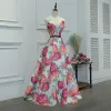 Flower Fairy Multi-Colors Floor-Length / Long Evening Dresses  2018 A-Line / Princess V-Neck Charmeuse Backless Printing Evening Party Prom Dresses