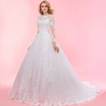 Chic Beautiful Ivory Chapel Train 2018 Wedding Long Sleeve Lace Up U Neck Tulle Appliques Backless Pierced Ball Gown Wedding Dresses