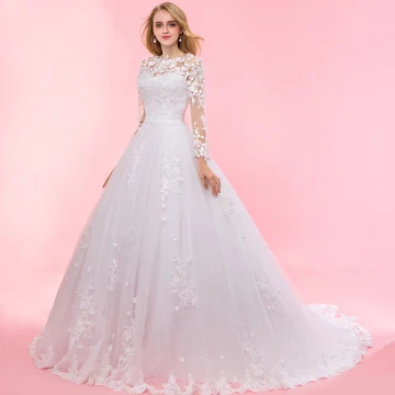 Chic Beautiful Ivory Chapel Train 2018 Wedding Long Sleeve Lace Up U Neck Tulle Appliques Backless Pierced Ball Gown Wedding Dresses