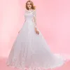 Chic / Beautiful Ivory Chapel Train 2018 Wedding Long Sleeve Lace-up U-Neck Tulle Appliques Backless Pierced Ball Gown Wedding Dresses