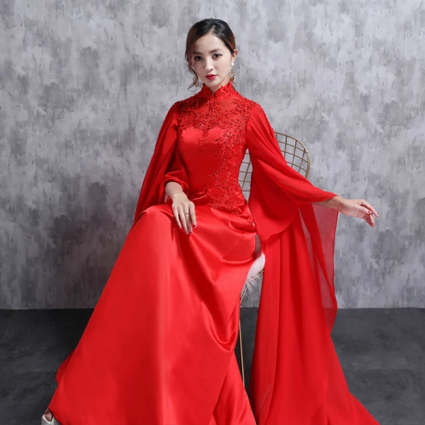 Style Chinois Rouge Robe De Soirée 2018 Col Haut Tulle Appliques Perlage Faux Diamant Paillettes Soirée Robe De Ceremonie