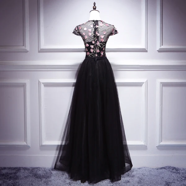 Chic / Beautiful Black Floor-Length / Long Evening Dresses  2018 A-Line / Princess U-Neck Tulle Appliques Backless Formal Dresses