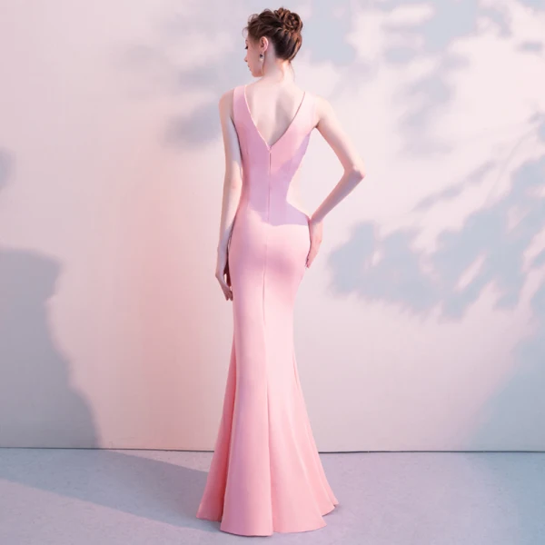 Modern / Fashion Sexy Candy Pink Floor-Length / Long Evening Dresses 2018 Trumpet / Mermaid V-Neck Charmeuse Backless Beading Rhinestone Formal Dresses