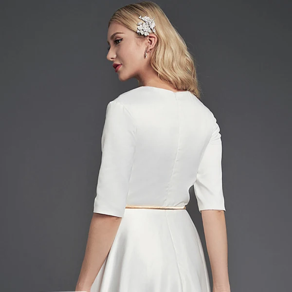 Modest / Simple White Evening Dresses 2020 A-Line / Princess Deep V-Neck 1/2 Sleeves Satin Zipper Tea-length Evening Party Formal Dresses