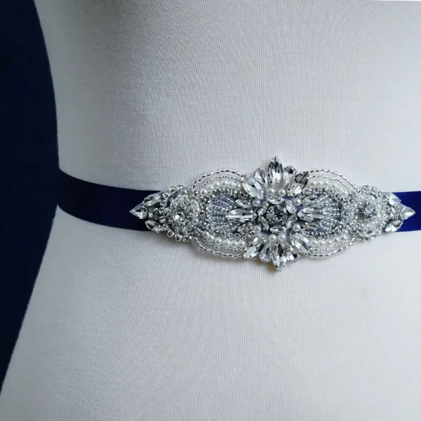 Modest / Simple Royal Blue Prom Sash 2020 Handmade  Satin Metal Beading Crystal Rhinestone Bridal Wedding Accessories