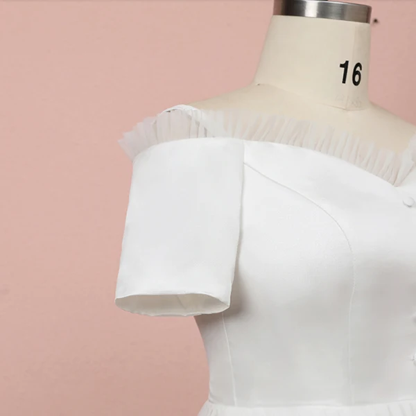 Klassisch Elegante Ivory / Creme Übergröße Brautkleider / Hochzeitskleider 2020 A Linie Wadenlang Kurze Ärmel Einfarbig Off Shoulder Tülle Perlenstickerei Pailletten Sommer Hochzeit