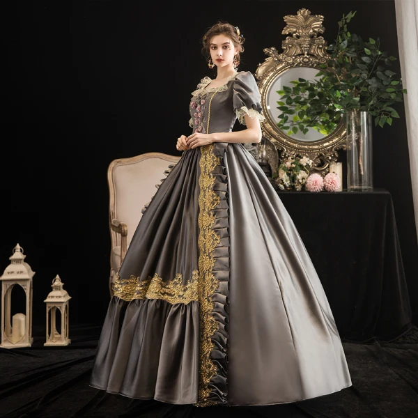 Vintage / Retro Medieval Gothic Grey Ball Gown Prom Dresses 2021 Square Neckline Short Sleeve Floor-Length / Long Beading Pearl Handmade Flower Cosplay Prom Formal Dresses