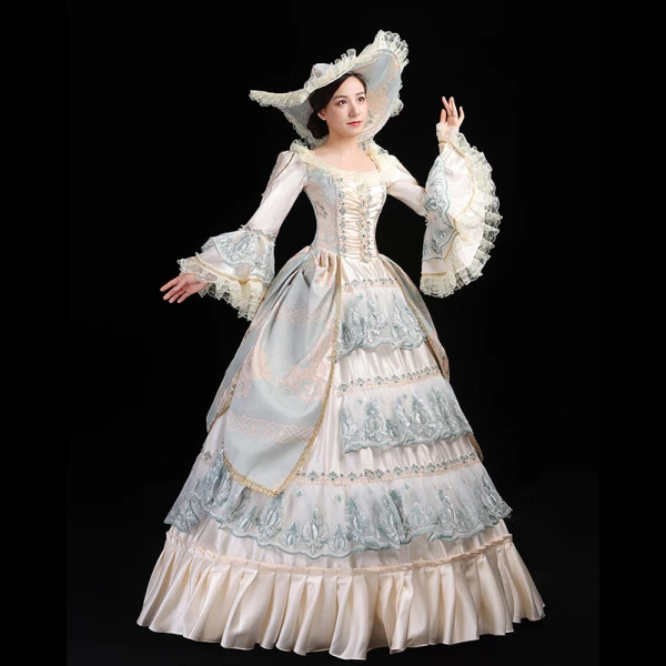 Vintage / Retro Medieval Champagne Ball Gown Prom Dresses 2021 U-Neck Long Sleeve Floor-Length / Long 3D Lace Embroidered Handmade Lace Satin Cosplay Formal Dresses