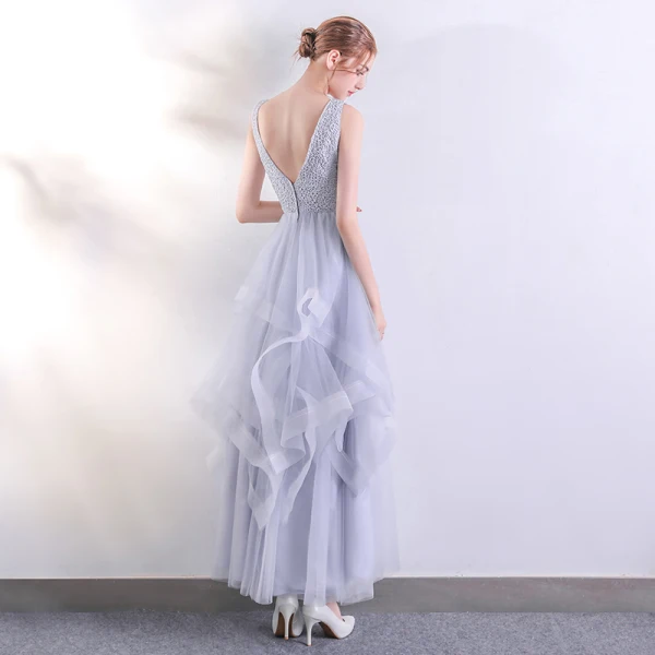 Chic / Beautiful Silver Evening Dresses  2017 A-Line / Princess U-Neck Lace Sleeveless Backless Pierced Evening Party Prom Dresses