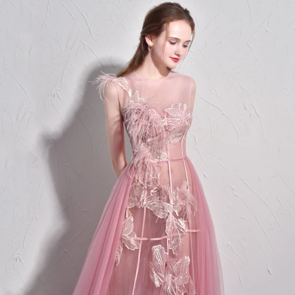Chic / Belle Rose Bonbon Robe De Soirée 2017 Princesse Tulle U-Cou Plumes Brodé Dos Nu Soirée Robe De Ceremonie