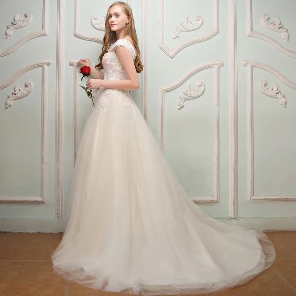 Luxury / Gorgeous Champagne Prom Dresses 2017 A-Line / Princess Strapless Lace Handmade Appliques Backless Embroidered Evening Dresses