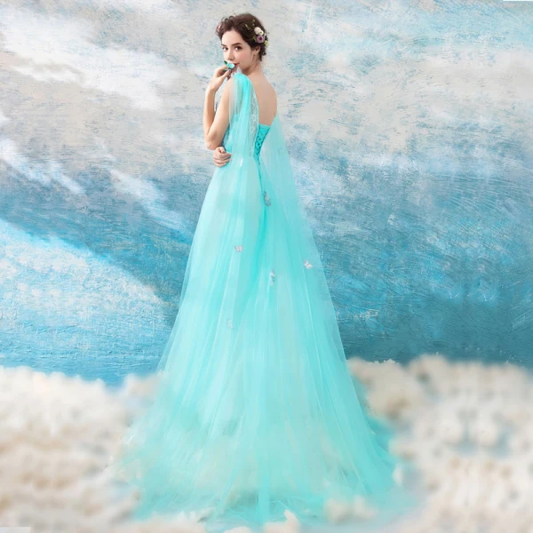 Chic / Beautiful Sky Blue Prom Dresses 2018 A-Line / Princess Floor-Length / Long Tulle V-Neck Butterfly Appliques Backless Formal Dresses