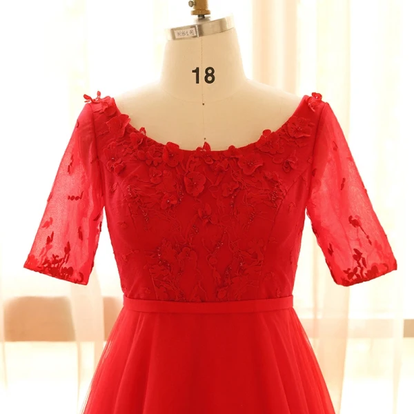 Chic / Beautiful Red Plus Size Evening Dresses 2018 A-Line / Princess Tulle U-Neck Appliques Backless Beading Evening Party Prom Dresses