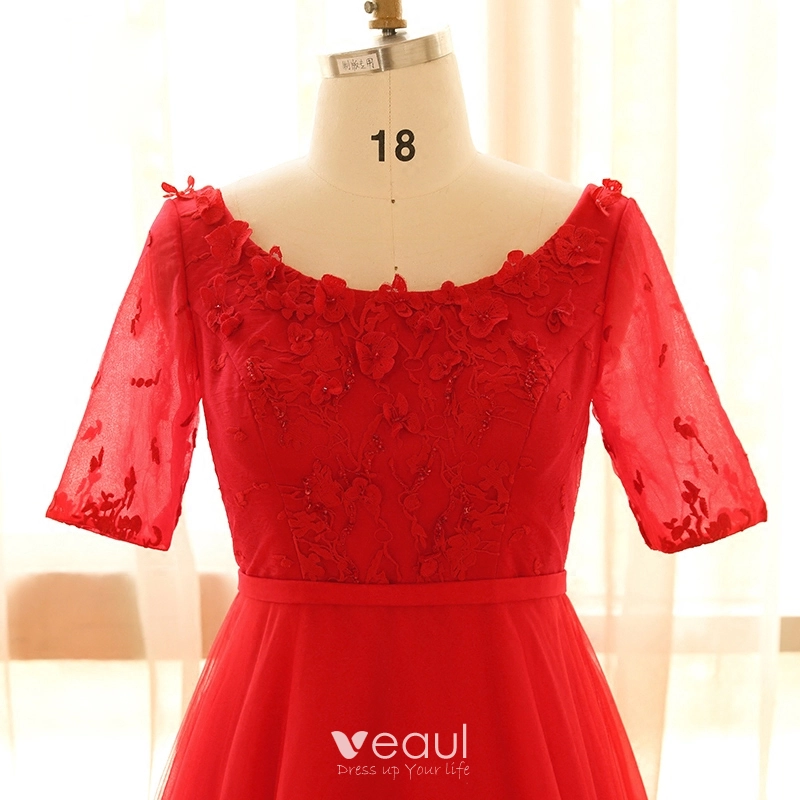 Chic Beautiful Red Plus Size Evening Dresses 2018 A Line Princess Tulle U  Neck Appliques Backless Beading Evening Party Prom Dresses