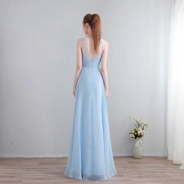 Chic / Beautiful Floor-Length / Long Evening Party Evening Dresses 2018 Chiffon A-Line / Princess V-Neck Sky Blue Lace-up Appliques Backless Formal Dresses