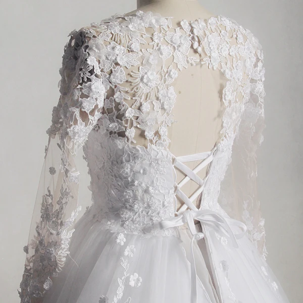 Chic / Beautiful Ivory Chapel Train 2018 Wedding Long Sleeve Lace-up U-Neck Tulle Appliques Backless Pierced Ball Gown Wedding Dresses