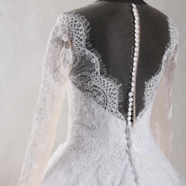 Amazing / Unique White Chapel Train Wedding 2018 Long Sleeve U-Neck Tulle See-through Backless Beading Pierced Ball Gown Wedding Dresses