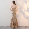 Sparkly Gold Evening Dresses  2017 Trumpet / Mermaid V-Neck Homecoming Lace Backless Sequins Handmade  Evening Party