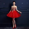 Chic / Beautiful Red Graduation Dresses 2017 A-Line / Princess Lace Strapless Appliques Backless Embroidered Homecoming Party Dresses
