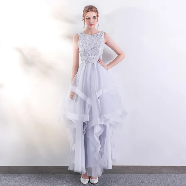 Chic / Beautiful Silver Evening Dresses  2017 A-Line / Princess U-Neck Lace Sleeveless Backless Pierced Evening Party Prom Dresses