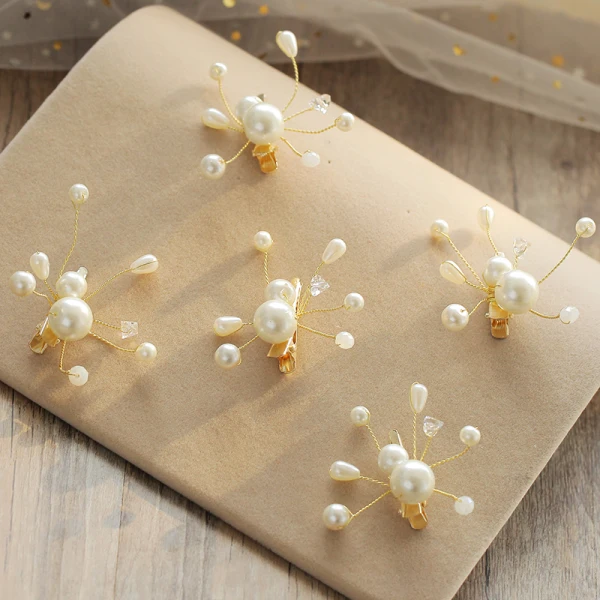Eenvoudige Abrikoos / Beige Oorbellen Haaraccessoires 2019 Kralen Kristal Parel Gala Huwelijk 5 stuks Accessoires