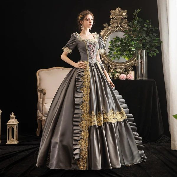 Vintage / Retro Medieval Gothic Grey Ball Gown Prom Dresses 2021 Square Neckline Short Sleeve Floor-Length / Long Beading Pearl Handmade Flower Cosplay Prom Formal Dresses