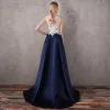Chic / Belle Bleu Marine Robe De Soirée 2017 Princesse Dentelle U-Cou Appliques Dos Nu Perlage Soirée Robe De Ceremonie
