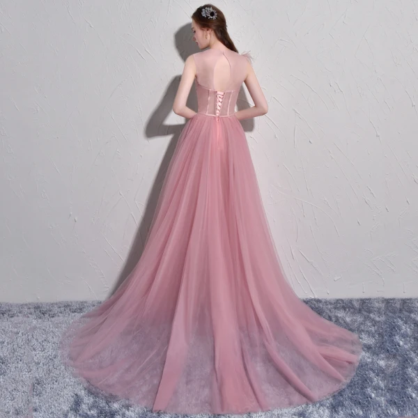 Chic / Belle Rose Bonbon Robe De Soirée 2017 Princesse Tulle U-Cou Plumes Brodé Dos Nu Soirée Robe De Ceremonie