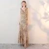 Sparkly Gold Evening Dresses  2017 Trumpet / Mermaid V-Neck Homecoming Lace Backless Sequins Handmade  Evening Party