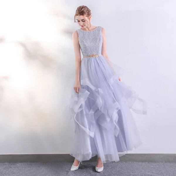 Chic / Beautiful Silver Evening Dresses  2017 A-Line / Princess U-Neck Lace Sleeveless Backless Pierced Evening Party Prom Dresses