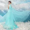 Chic / Beautiful Sky Blue Prom Dresses 2018 A-Line / Princess Floor-Length / Long Tulle V-Neck Butterfly Appliques Backless Formal Dresses