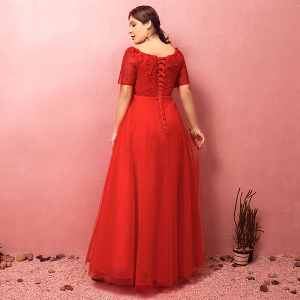 Chic / Beautiful Red Plus Size Evening Dresses 2018 A-Line / Princess Tulle U-Neck Appliques Backless Beading Evening Party Prom Dresses