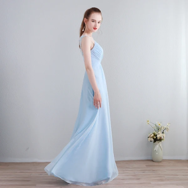 Chic / Beautiful Floor-Length / Long Evening Party Evening Dresses 2018 Chiffon A-Line / Princess V-Neck Sky Blue Lace-up Appliques Backless Formal Dresses