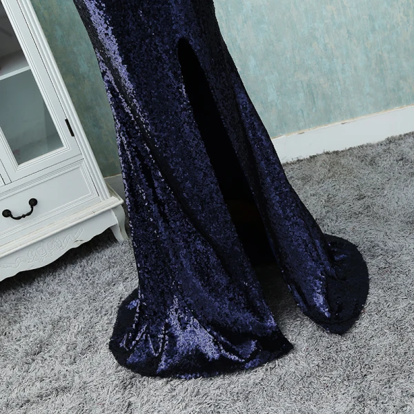 Sparkly Bling Bling Evening Dresses 2018 A-Line / Princess High Neck Zipper Up Navy Blue Court Train Beading Polyester Evening Party Formal Dresses