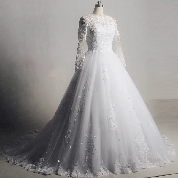 Chic / Beautiful Ivory Chapel Train 2018 Wedding Long Sleeve Lace-up U-Neck Tulle Appliques Backless Pierced Ball Gown Wedding Dresses