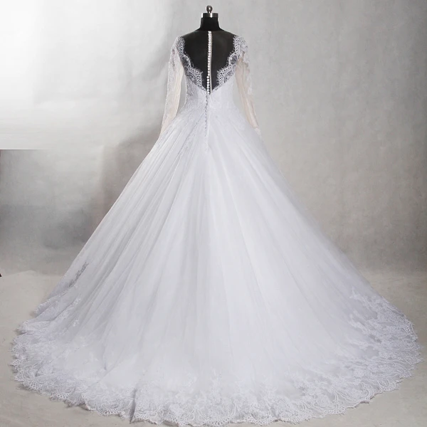 Amazing / Unique White Chapel Train Wedding 2018 Long Sleeve U-Neck Tulle See-through Backless Beading Pierced Ball Gown Wedding Dresses