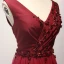 Chic / Beautiful Burgundy Evening Dresses  2017 A-Line / Princess Tulle V-Neck Evening Party Appliques Backless Beading Formal Dresses