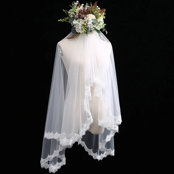 Enkel Hvit Brudeslør Blonder Korte Chiffon Bryllup Tilbehør 2019