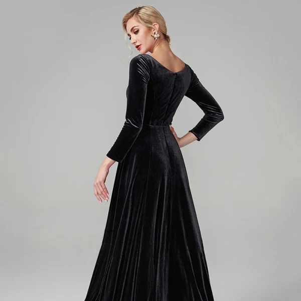Modest / Simple Black Evening Dresses 2020 A-Line / Princess Floor-Length / Long Long Sleeve V-Neck Velour Solid Color Cocktail Party Evening Party Formal Dresses