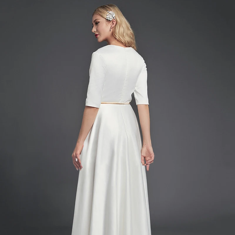 Modest Simple White Evening Dresses 2020 A Line Princess Deep V Neck 1 2  Sleeves Satin Zipper Tea Length Evening Party Formal Dresses