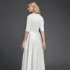 Modest / Simple White Evening Dresses  2020 A-Line / Princess Deep V-Neck 1/2 Sleeves Satin Zipper Tea-length Evening Party Formal Dresses