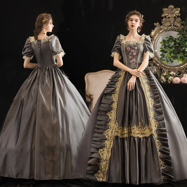 Vintage / Retro Medieval Gothic Grey Ball Gown Prom Dresses 2021 Square Neckline Short Sleeve Floor-Length / Long Beading Pearl Handmade Flower Cosplay Prom Formal Dresses