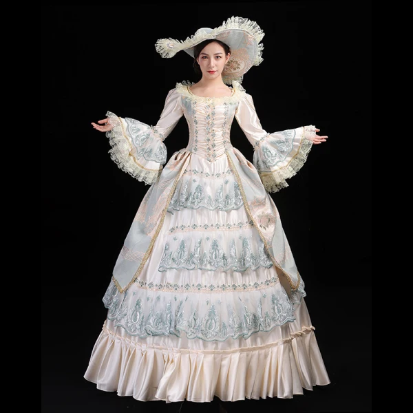 Vintage / Retro Medieval Champagne Ball Gown Prom Dresses 2021 U-Neck Long Sleeve Floor-Length / Long 3D Lace Embroidered Handmade Lace Satin Cosplay Formal Dresses