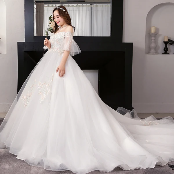 Modest / Simple White Plus Size Ball Gown Wedding Dresses 2019 Lace Tulle 1/2 Sleeves Appliques Backless Embroidered Strapless Chapel Train Wedding
