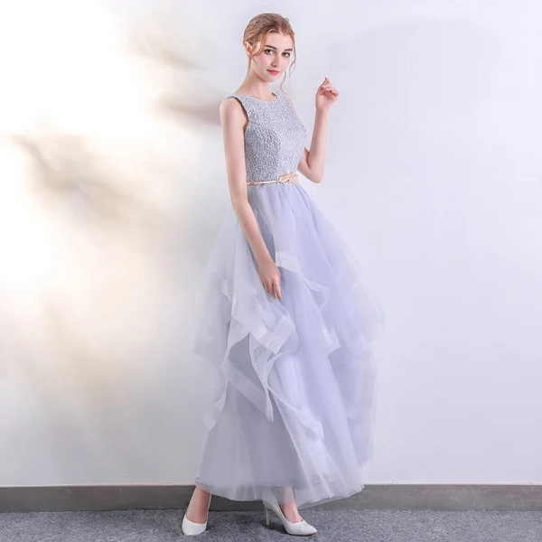 Chic / Beautiful Silver Evening Dresses  2017 A-Line / Princess U-Neck Lace Sleeveless Backless Pierced Evening Party Prom Dresses