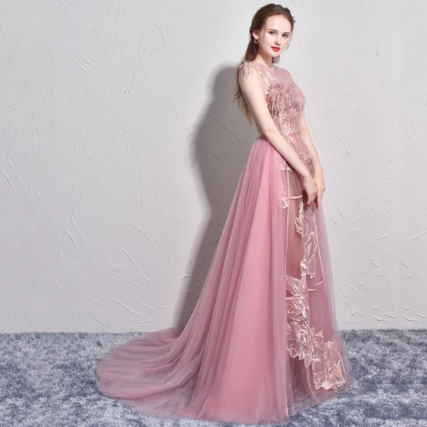 Chic / Belle Rose Bonbon Robe De Soirée 2017 Princesse Tulle U-Cou Plumes Brodé Dos Nu Soirée Robe De Ceremonie