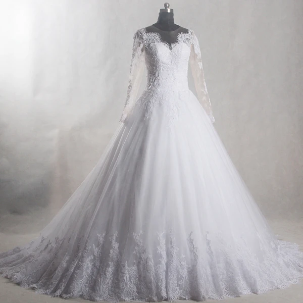 Amazing / Unique White Chapel Train Wedding 2018 Long Sleeve U-Neck Tulle See-through Backless Beading Pierced Ball Gown Wedding Dresses